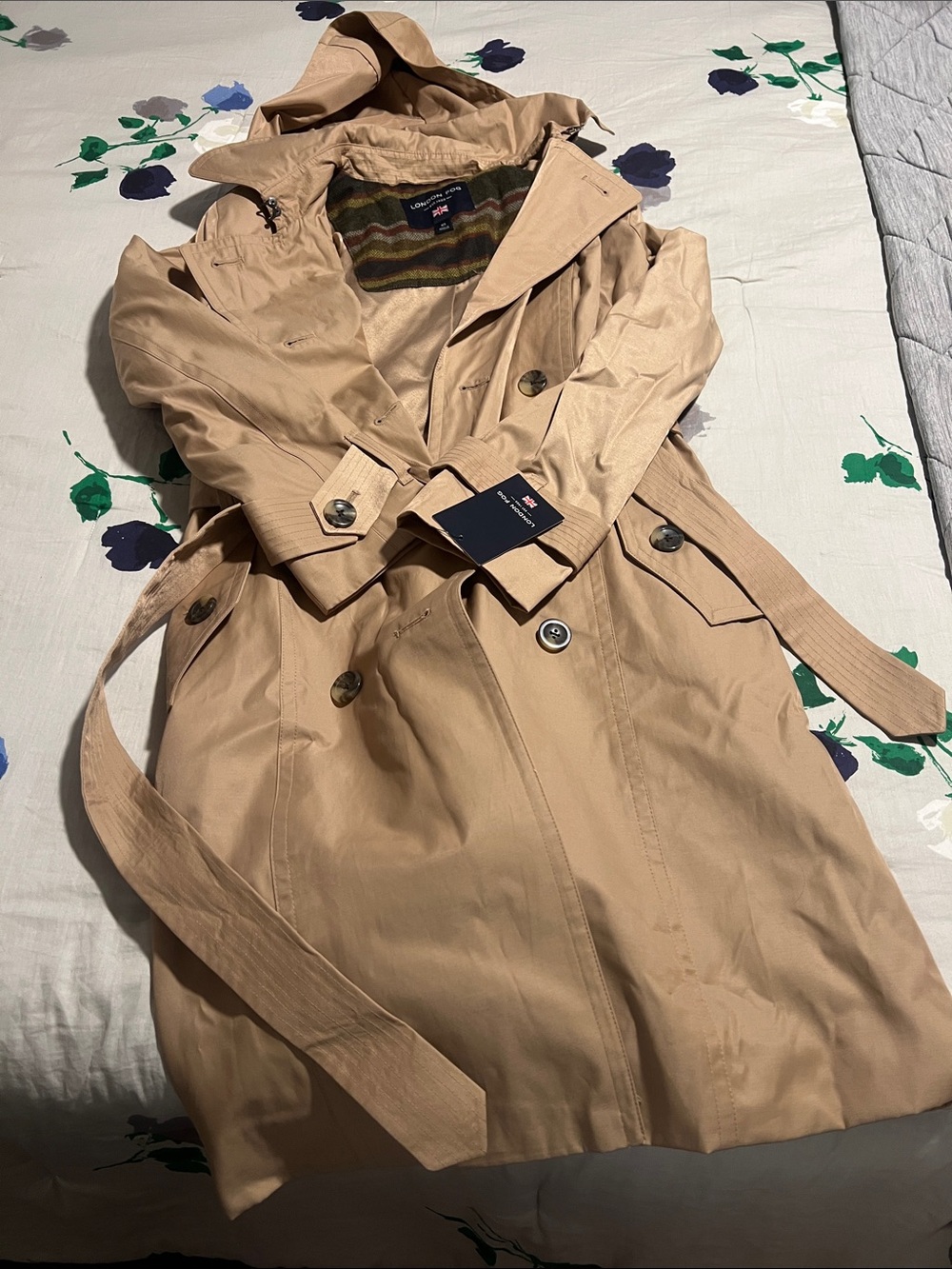 London Fog Beige Double-Breasted Trench Coat with Hood